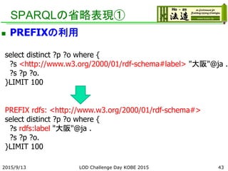 SPARQLの省略表現①
 PREFIXの利用
select distinct ?p ?o where {
?s <http://www.w3.org/2000/01/rdf-schema#label> "大阪"@ja .
?s ?p ?o.
}LIMIT 100
432015/9/13
PREFIX rdfs: <http://www.w3.org/2000/01/rdf-schema#>
select distinct ?p ?o where {
?s rdfs:label "大阪"@ja .
?s ?p ?o.
}LIMIT 100
LOD Challenge Day KOBE 2015
 