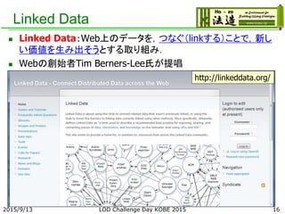 Linked Data
 Linked Data：Web上のデータを，つなぐ（linkする）ことで，新し
い価値を生み出そうとする取り組み．
 Webの創始者Tim Berners-Lee氏が提唱
http://linkeddata.org/
162015/9/13 LOD Challenge Day KOBE 2015
 