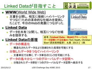 Linked Dataが目指すこと
 WWW(World Wide Web)
 文書を公開し，相互に接続（ハイパーリンク
でつなぐ）ための革命的な仕組みを提供し
たことで，今日のWebの発展につながった．
 Linked Data
 データを共有（公開）し，相互につなぐ仕組
みを提供する．
 Linked Dataの原理
 データの構造化
 構造化されたデータはより洗練された処理を可能にする
 分散したデータをつなぐハイパーリンク
 文書単位では無く，データ単位のリンクを可能にする．
 データの島々から一つのグローバルデータ空間へ
 分散されたデータ群を１つのグローバルなデータ空間へ統合する
参考：『Linked Data－Webをグローバルな
データ空間にする仕組み（Tom Heath, Christian
Bizer（武田英明監訳），丸善，2013）』 1章．
172015/9/13 LOD Challenge Day KOBE 2015
 