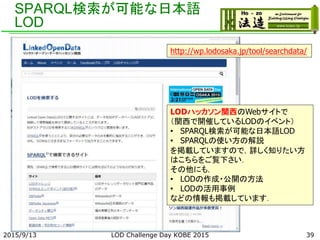 SPARQL検索が可能な日本語
LOD
2015/9/13 39
http://wp.lodosaka.jp/tool/searchdata/
LODハッカソン関西のWebサイトで
（関西で開催しているLODのイベント）
• SPARQL検索が可能な日本語LOD
• SPARQLの使い方の解説
を掲載していますので，詳しく知りたい方
はこちらをご覧下さい．
その他にも，
• LODの作成・公開の方法
• LODの活用事例
などの情報も掲載しています．
LOD Challenge Day KOBE 2015
 