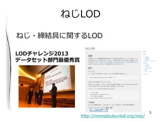 ͤLOD
ͤ?YߤvLOD
LOD2013
ǩ`åȲTp
http://monodzukurilod.org/neji/
5
 