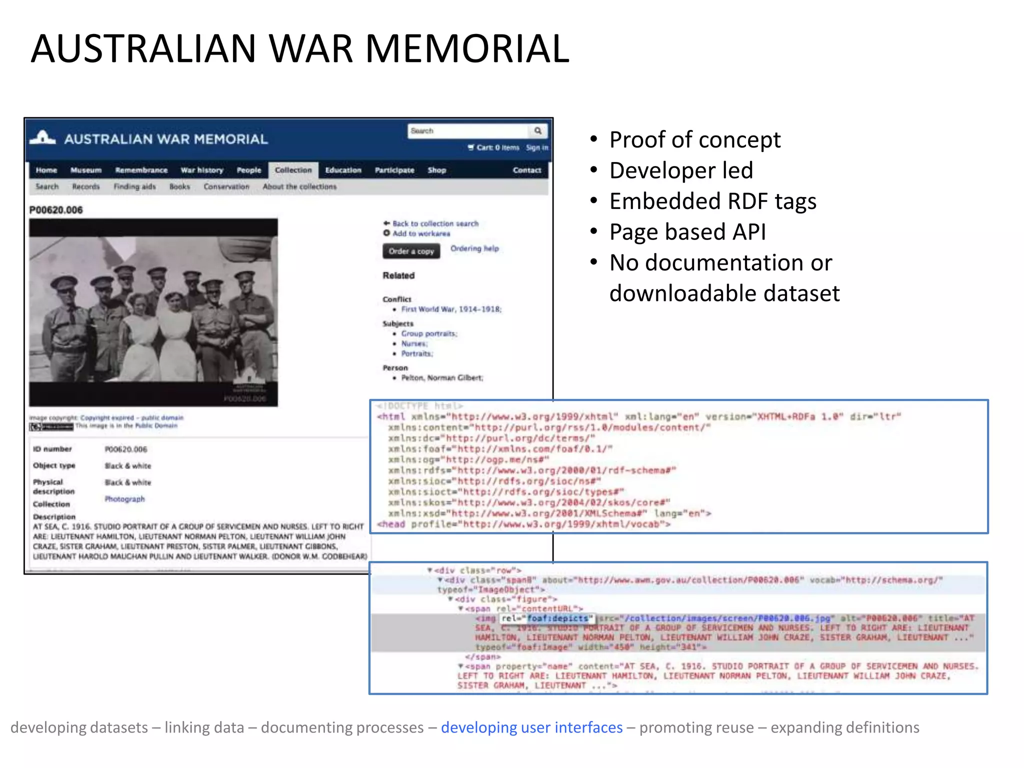 AUSTRALIAN WAR MEMORIAL
• Proof of concept
• Developer led
• Embedded RDF tags
• Page based API
• No documentation or
downloadable dataset
developing datasets – linking data – documenting processes – developing user interfaces – promoting reuse – expanding definitions
 
