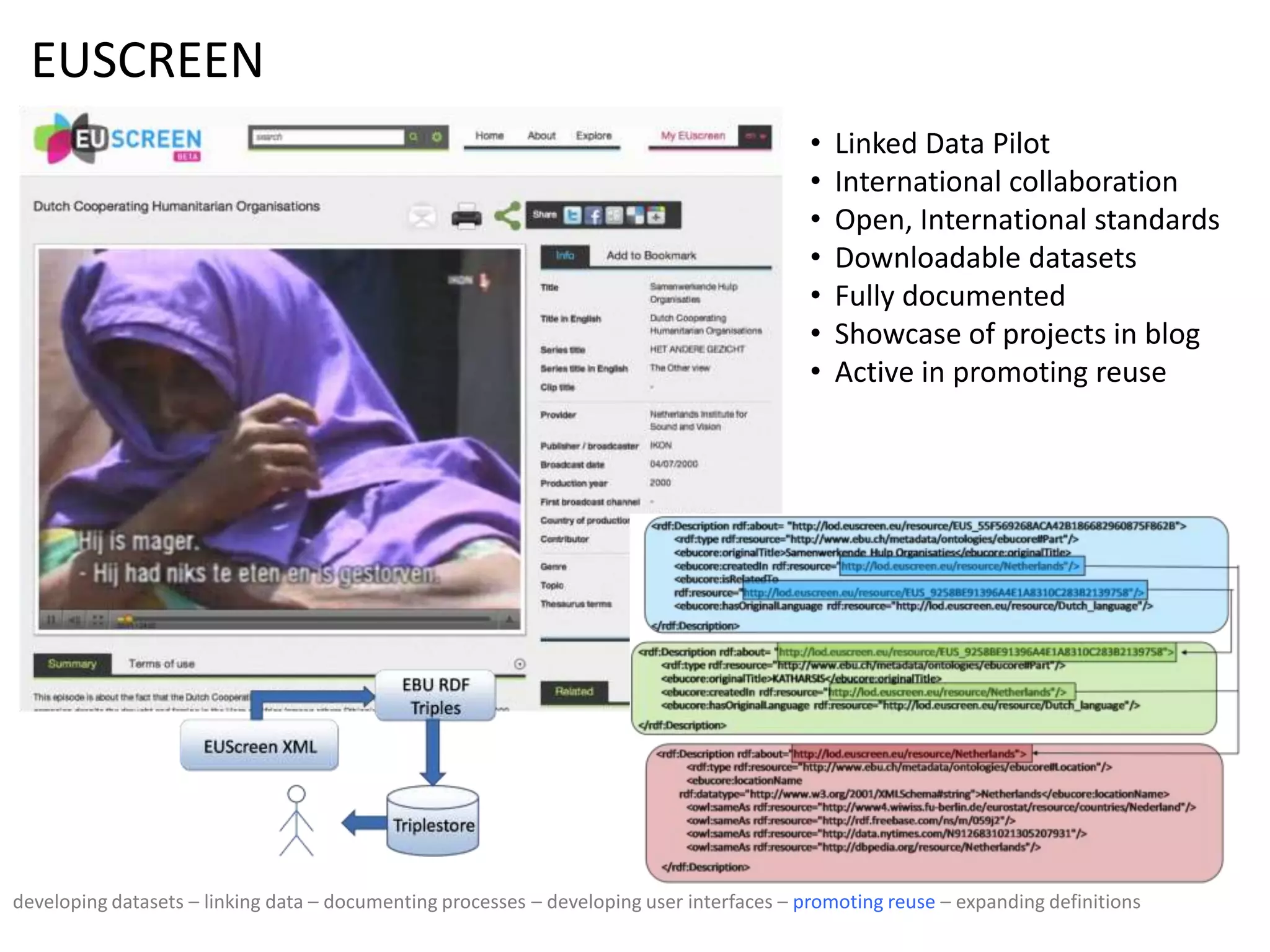 EUSCREEN
• Linked Data Pilot
• International collaboration
• Open, International standards
• Downloadable datasets
• Fully documented
• Showcase of projects in blog
• Active in promoting reuse
developing datasets – linking data – documenting processes – developing user interfaces – promoting reuse – expanding definitions
 