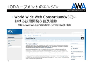 LODムーブメントのエンジン
                                                  Advanced	
  Web	
  Applica.on	
  Lab.



     •  World Wide Web Consortium(W3C)に 
        おける技術開発＆普及活動
       –  http://www.w3.org/standards/semanticweb/data




17
 