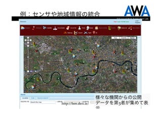 例：センサや地域情報の統合                   Advanced	
  Web	
  Applica.on	
  Lab.




                            様々な機関からの公開
      http://lsm.deri.ie/   データを第3者が集めて表
                            示
 