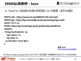 CC-BY4.0: 人工知能学会 セマンティクWebとオントロジー（SWO）研究会
SPARQL検索例：have
“have”という述語の主語と目的語について取得（まだらの紐）
16
PREFIX rdfs: <http://www.w3.org/2000/01/rdf-schema#>
PREFIX kgc: <http://kgc.knowledge-graph.jp/ontology/kgc.owl#>
SELECT ?id ?s ?o
FROM <http://kgc.knowledge-graph.jp/data/SpeckledBand>
WHERE {
?id kgc:hasPredicate ?p;
kgc:subject ?s;
kgc:what ?o .
?p rdfs:label "have"@en .
}
※1 Web Ontology Language (OWL). オントロジー記述言語. 今回提供するOWLファイルはXML形式
結果（JSON）
https://tinyurl.com/ya88lflt
 