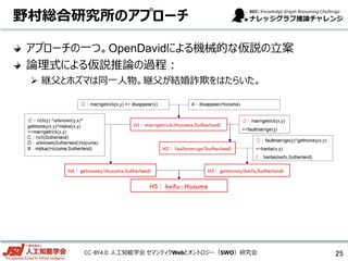 CC-BY4.0: 人工知能学会 セマンティクWebとオントロジー（SWO）研究会
野村総合研究所のアプローチ
アプローチの一つ。OpenDavidによる機械的な仮説の立案
論理式による仮説推論の過程：
 継父とホズマは同一人物。継父が結婚詐欺をはたらいた。
25
 