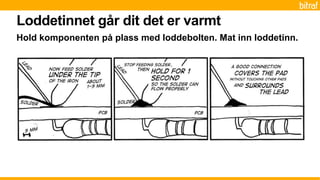 Loddetinnet går dit det er varmt
Hold komponenten på plass med loddebolten. Mat inn loddetinn.
 