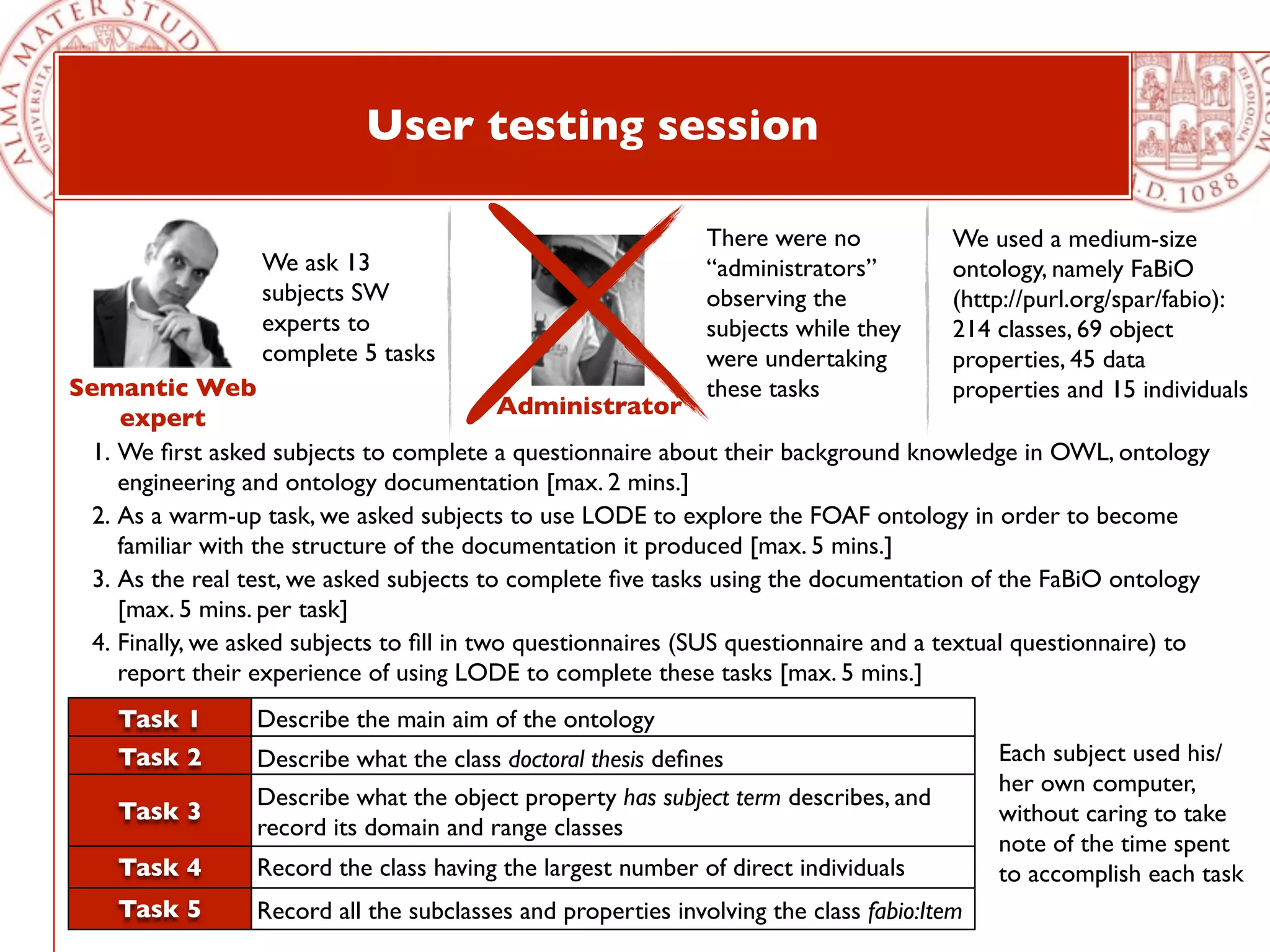 User testing session

                                                               There were no           We used a medium-size
                  We ask 13                                    “administrators”        ontology, namely FaBiO
                  subjects SW                                  observing the           (http://purl.org/spar/fabio):
                  experts to                                   subjects while they     214 classes, 69 object
                  complete 5 tasks                             were undertaking        properties, 45 data
Semantic Web                                                   these tasks             properties and 15 individuals
     expert                                 Administrator
  1. We ﬁrst asked subjects to complete a questionnaire about their background knowledge in OWL, ontology
     engineering and ontology documentation [max. 2 mins.]
  2. As a warm-up task, we asked subjects to use LODE to explore the FOAF ontology in order to become
     familiar with the structure of the documentation it produced [max. 5 mins.]
  3. As the real test, we asked subjects to complete ﬁve tasks using the documentation of the FaBiO ontology
     [max. 5 mins. per task]
  4. Finally, we asked subjects to ﬁll in two questionnaires (SUS questionnaire and a textual questionnaire) to
     report their experience of using LODE to complete these tasks [max. 5 mins.]
    Task 1        Describe the main aim of the ontology
    Task 2        Describe what the class doctoral thesis deﬁnes                            Each subject used his/
                                                                                            her own computer,
                  Describe what the object property has subject term describes, and
    Task 3                                                                                  without caring to take
                  record its domain and range classes
                                                                                            note of the time spent
    Task 4        Record the class having the largest number of direct individuals          to accomplish each task
    Task 5        Record all the subclasses and properties involving the class fabio:Item
 