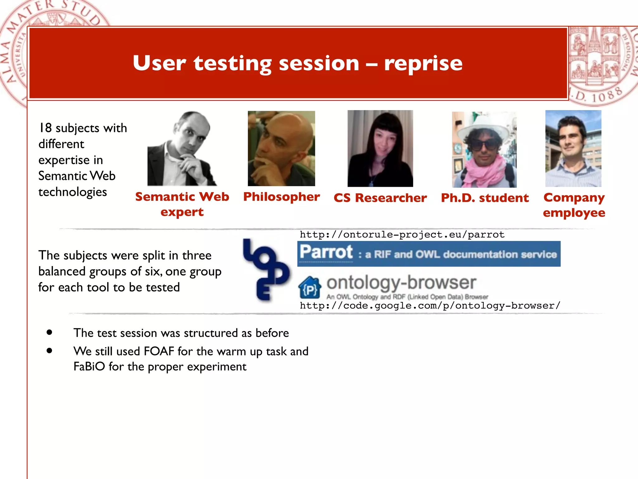 User testing session – reprise

18 subjects with
different
expertise in
Semantic Web
technologies     Semantic Web Philosopher CS Researcher Ph.D. student                 Company
                     expert                                                           employee
                                               http://ontorule-project.eu/parrot

The subjects were split in three
balanced groups of six, one group
for each tool to be tested
                                               http://code.google.com/p/ontology-browser/

 •    The test session was structured as before
 •    We still used FOAF for the warm up task and
      FaBiO for the proper experiment
 
