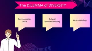 Communication
Issue
Cultural
Misunderstanding
Generation Gap
The DILEMMA of DIVERSITY
 