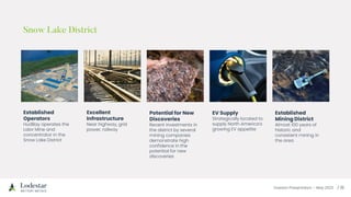 Investor Presentation – May 2023
Established
Mining District
Almost 100 years of
historic and
consistent mining in
the area
Excellent
Infrastructure
Near highway, grid
power, railway
Potential for New
Discoveries
Recent investments in
the district by several
mining companies
demonstrate high
confidence in the
potential for new
discoveries
Established
Operators
HudBay operates the
Lalor Mine and
concentrator in the
Snow Lake District
EV Supply
Strategically located to
supply North America’s
growing EV appetite
 
