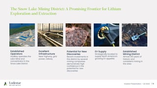 Investor Presentation – Q3 2023 / 8
The Snow Lake Mining District: A Promising Frontier for Lithium
Exploration and Extraction
Established
Mining District
Almost 100 years of
historic and
consistent mining in
the area
Excellent
Infrastructure
Near highway, grid
power, railway
Potential for New
Discoveries
Recent investments in
the district by several
mining companies
demonstrate high
confidence in the
potential for new
discoveries
Established
Operators
HudBay operates the
Lalor Mine and
concentrator in the
Snow Lake District
EV Supply
Strategically located to
supply North America’s
growing EV appetite
 
