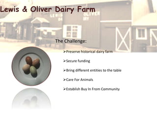 Lewis & Oliver Dairy Farm
The Challenge:
Preserve historical dairy farm
Secure funding
Bring different entities to the table
Care For Animals
Establish Buy In From Community
 