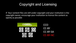 Copyright and Licensing
If Your content files are still under copyright and your institution is the
copyright owner, encourage your institution to license the content as
openly as possible
CCO
CC-BY
CC-BY-SA
CC-BY-NC
 