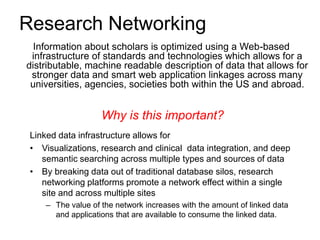 Research Networking
Information about scholars is optimized using a Web-based
infrastructure of standards and technologies which allows for a
distributable, machine readable description of data that allows for
stronger data and smart web application linkages across many
universities, agencies, societies both within the US and abroad.
Why is this important?
Linked data infrastructure allows for
• Visualizations, research and clinical data integration, and deep
semantic searching across multiple types and sources of data
• By breaking data out of traditional database silos, research
networking platforms promote a network effect within a single
site and across multiple sites
– The value of the network increases with the amount of linked data
and applications that are available to consume the linked data.
 