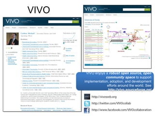 VIVO
This work is funded by the National Institutes of Health, U24
VIVO enjoys a robust open source, open
community space to support implementation,
adoption, and development efforts around the
world. See http://vivo.sourceforge.net
 