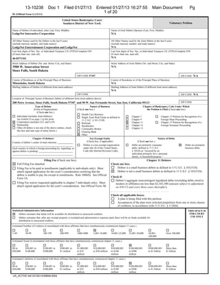13-10238               Doc 1           Filed 01/27/13                  Entered 01/27/13 16:27:55                                DocketDocument Filed: 1/27/2013
                                                                                                                                             Main #0001 Date Pg
B1 (Official Form 1) (12/11)
                                                                                       1 of 20
                                                  United States Bankruptcy Court
                                                  Southern District of New York                                                                             Voluntary Petition

Name of Debtor (if individual, enter Last, First, Middle):                                        Name of Joint Debtor (Spouse) (Last, First, Middle):
LodgeNet Interactive Corporation                                                                  N/A

All Other Names used by the Debtor in the last 8 years                                            All Other Names used by the Joint Debtor in the last 8 years
(include married, maiden, and trade names):                                                       (include married, maiden, and trade names):
LodgeNet Entertainment Corporation and LodgeNet                                                   N/A
Last four digits of Soc. Sec. or Individual-Taxpayer I.D. (ITIN)/Complete EIN                     Last four digits of Soc. Sec. or Individual-Taxpayer I.D. (ITIN)/Complete EIN
(if more than one, state all):                                                                    (if more than one, state all):
46-0371161                                                                                        N/A

Street Address of Debtor (No. and Street, City, and State):                                       Street Address of Joint Debtor (No. and Street, City, and State):
3900 W. Innovation Street                                                                         N/A
Sioux Falls, South Dakota
                                                                ZIP CODE 57107                                                                                          ZIP CODE N/A
County of Residence or of the Principal Place of Business:                                        County of Residence or of the Principal Place of Business:
Minnehaha, South Dakota                                                                           N/A
Mailing Address of Debtor (if different from street address):                                     Mailing Address of Joint Debtor (if different from street address):
                                                                                                  N/A
                                                                ZIP CODE                                                                                                ZIP CODE N/A
Location of Principal Assets of Business Debtor (if different from street address above):
200 Petro Avenue, Sioux Falls, South Dakota 57107 and 50 W. San Fernando Street, San Jose, California 95113                                                             ZIP CODE
                       Type of Debtor                                      Nature of Business                                      Chapter of Bankruptcy Code Under Which
                      (Form of Organization)                    (Check one box.)                                                      the Petition is Filed (Check one box)
                         (Check one box.)
                                                                     Health Care Business
    Individual (includes Joint Debtors)                              Single Asset Real Estate as defined in            Chapter 7                    Chapter 15 Petition for Recognition of a
    See Exhibit D on page 2 of this form.                            11 U.S.C. § 101 (51B)                             Chapter 9                    Foreign Main Proceeding
    Corporation (includes LLC and LLP)                               Railroad                                          Chapter 11                   Chapter 15 Petition for Recognition of a
    Partnership                                                      Stockbroker                                       Chapter 12                   Foreign Nonmain Proceeding
    Other (If debtor is not one of the above entities, check         Commodity Broker                                  Chapter 13
    this box and state type of entity below.)                        Clearing Bank
    ____________________________________________                     Other
                      Chapter 15 Debtors                                     Tax-Exempt Entity                                                   Nature of Debts
Country of debtor’s center of main interests:                             (Check box, if applicable)                         (Check one box.)
                                                                       Debtor is a tax-exempt organization             Debts are primarily consumer                        Debts are primarily
Each country in which a foreign proceeding by, regarding, or           under title 26 of the United States             debts, defined in 11 U.S.C .                        business debts.
against debtor is pending:                                             Code (the Internal Revenue Code).               § 101(8) as “incurred by an
                                                                                                                       individual primarily for a personal,
                                                                                                                       family, or household purpose.”
                               Filing Fee (Check one box)                                                                       Chapter 11 Debtors
       Full Filing Fee attached                                                                   Check one box:
       Filing Fee to be paid in installments (applicable to individuals only). Must                   Debtor is a small business debtor as defined in 11 U.S.C. § 101(51D).
       attach signed application for the court’s consideration certifying that the                    Debtor is not a small business debtor as defined in 11 U.S.C. § 101(51D).
       debtor is unable to pay fee except in installments. Rule 1006(b). See Official
                                                                                                  Check if:
       Form 3A.
                                                                                                     Debtor’s aggregate noncontingent liquidated debts (excluding debts owed to
       Filing Fee waiver requested (applicable to chapter 7 individuals only). Must                  insiders or affiliates) are less than $2,343,300 (amount subject to adjustment
       attach signed application for the court’s consideration. See Official Form 3B.                on 4/01/13 and every three years thereafter).
                                                                                                  – – – – – – – – – – – – – – – – – – – –
                                                                                                  Check all applicable boxes:
                                                                                                       A plan is being filed with this petition.
                                                                                                       Acceptances of the plan were solicited prepetition from one or more classes
                                                                                                       of creditors, in accordance with 11 U.S.C. § 1126(b).
Statistical/Administrative Information                                                                                                                                        THIS SPACE IS
       Debtor estimates that funds will be available for distribution to unsecured creditors.                                                                                  FOR COURT
       Debtor estimates that, after any exempt property is excluded and administrative expenses paid, there will be no funds available for                                      USE ONLY
       distribution to unsecured creditors.

Estimated Number of Creditors (Consolidated with those affiliates that have simultaneously commenced chapter 11 cases.)

1-49          50-99            100-199          200-999         1000-5000        5,001-10,000     10,001-25,000     25,001-50,000       50,001-          Over 100,000
                                                                                                                                        100,000
Estimated Assets (Consolidated with those affiliates that have simultaneously commenced chapter 11 cases.)

$0 to         $50,001 to       $100,001 to      $500,001 to     $1,000,001       $10,000,001      $50,000,001       $100,000,001        $500,000,001     More than
$50,000       $100,000         $500,000         $1 million      to $10           to $50 million   to $100           to $500             to $1 billion    $1 billion
                                                                million                           million           million
Estimated Liabilities (Consolidated with those affiliates that have simultaneously commenced chapter 11 cases.)



                                                                                                                           ¨1¤?"F-!;                  !¥«
$0 to         $50,001 to       $100,001 to      $500,001 to     $1,000,001       $10,000,001      $50,000,001       $100,000,001        $500,000,001     More than
$50,000       $100,000         $500,000         $1 million      to $10           to $50 million   to $100           to $500             to $1 billion    $1 billion
                                                                million                           million           million
US_ACTIVE:441231821459848.0004
                                                                                                                               1310238130127000000000001
 