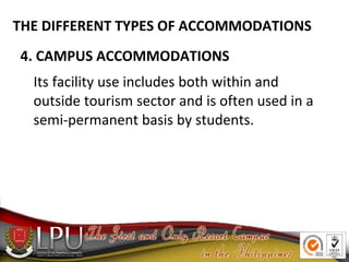 4. CAMPUS ACCOMMODATIONS
Its facility use includes both within and
outside tourism sector and is often used in a
semi-perm...