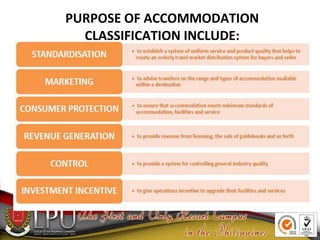 PURPOSE OF ACCOMMODATION
CLASSIFICATION INCLUDE:
 