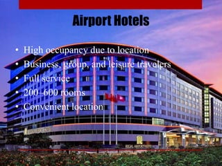 Airport Hotels
• High occupancy due to location
• Business, group, and leisure travelers
• Full service
• 200–600 rooms
• Convenient location
 