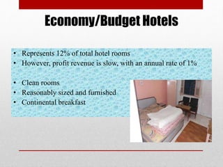 Economy/Budget Hotels
• Represents 12% of total hotel rooms
• However, profit revenue is slow, with an annual rate of 1%
• Clean rooms
• Reasonably sized and furnished
• Continental breakfast
 