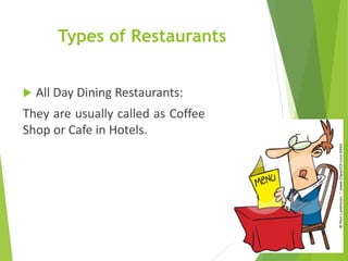 Types of Restaurants
 All Day Dining Restaurants:
They are usually called as Coffee
Shop or Cafe in Hotels.
 