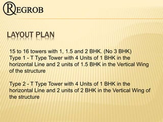 LAYOUT PLAN
15 to 16 towers with 1, 1.5 and 2 BHK. (No 3 BHK)
Type 1 - T Type Tower with 4 Units of 1 BHK in the
horizontal Line and 2 units of 1.5 BHK in the Vertical Wing
of the structure
Type 2 - T Type Tower with 4 Units of 1 BHK in the
horizontal Line and 2 units of 2 BHK in the Vertical Wing of
the structure
 