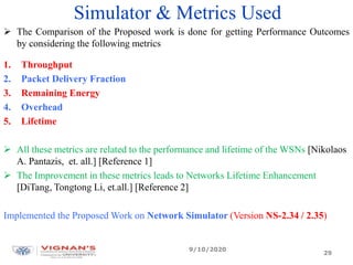 Simulator & Metrics Used
 The Comparison of the Proposed work is done for getting Performance Outcomes
by considering the following metrics
1. Throughput
2. Packet Delivery Fraction
3. Remaining Energy
4. Overhead
5. Lifetime
 All these metrics are related to the performance and lifetime of the WSNs [Nikolaos
A. Pantazis, et. all.] [Reference 1]
 The Improvement in these metrics leads to Networks Lifetime Enhancement
[DiTang, Tongtong Li, et.all.] [Reference 2]
Implemented the Proposed Work on Network Simulator (Version NS-2.34 / 2.35)
9/10/2020
29
 
