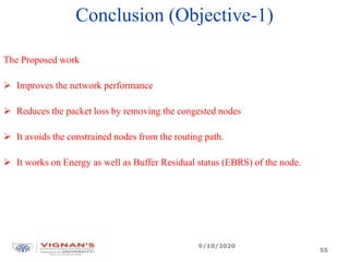Conclusion (Objective-1)
The Proposed work
 Improves the network performance
 Reduces the packet loss by removing the congested nodes
 It avoids the constrained nodes from the routing path.
 It works on Energy as well as Buffer Residual status (EBRS) of the node.
9/10/2020
55
 