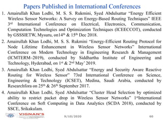 Papers Published in International Conferences
1. Amairullah Khan Lodhi, M. S. S. Rukmini, Syed Abdulsattar “Energy Efficient
Wireless Sensor Networks: A Survey on Energy-Based Routing Techniques” IEEE
3rd International Conference on Electrical, Electronics, Communication,
Computation Technologies and Optimization Techniques (ICEECCOT), conducted
by GSSSIETW, Mysuru, on14th & 15th Dec 2018.
2. Amairullah Khan Lodhi, M. S. S. Rukmini “Energy-Efficient Routing Protocol for
Node Lifetime Enhancement in Wireless Sensor Networks” International
Conference on Modern Technology in Engineering Research & Management
(ICMTERM–2019), conducted by Siddhartha Institute of Engineering and
Technology, Hyderabad, on 1st & 2nd May’ 2019.
3. Amairullah Khan Lodhi, Syed Abdulsattar “Energy and Security Aware Reactive
Routing for Wireless Sensor” 73rd International Conference on Science,
Engineering & Technology (ICSET), Medina, Saudi Arabia, conducted by
Researchfora on 25th & 26th September 2017.
4. Amairullah Khan Lodhi, Syed Abdulsattar “Cluster Head Selection by optimized
ability to restrict packet drop in Wireless Sensor Networks” 1stInternational
Conference on Soft Computing in Data Analytics (SCDA 2018), conducted by
SSCE, Srikakulam.
9/10/2020 60
 