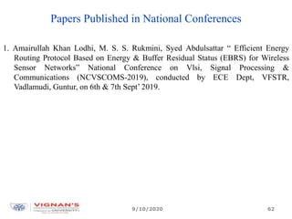 Papers Published in National Conferences
1. Amairullah Khan Lodhi, M. S. S. Rukmini, Syed Abdulsattar “ Efficient Energy
Routing Protocol Based on Energy & Buffer Residual Status (EBRS) for Wireless
Sensor Networks” National Conference on Vlsi, Signal Processing &
Communications (NCVSCOMS-2019), conducted by ECE Dept, VFSTR,
Vadlamudi, Guntur, on 6th & 7th Sept’ 2019.
9/10/2020 62
 