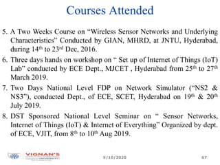 Courses Attended
5. A Two Weeks Course on “Wireless Sensor Networks and Underlying
Characteristics” Conducted by GIAN, MHRD, at JNTU, Hyderabad,
during 14th to 23rd Dec, 2016.
6. Three days hands on workshop on “ Set up of Internet of Things (IoT)
Lab” conducted by ECE Dept., MJCET , Hyderabad from 25th to 27th
March 2019.
7. Two Days National Level FDP on Network Simulator (“NS2 &
NS3”), conducted Dept., of ECE, SCET, Hyderabad on 19th & 20th
July 2019.
8. DST Sponsored National Level Seminar on “ Sensor Networks,
Internet of Things (IoT) & Internet of Everything” Organized by dept.
of ECE, VJIT, from 8th to 10th Aug 2019.
9/10/2020 67
 