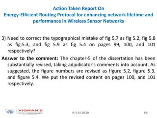 Action Taken Report On
Energy-Efficient Routing Protocol for enhancing network lifetime and
performance in Wireless Sensor Networks
3) Need to correct the typographical mistake of fig 5.7 as fig 5.2, fig 5.8
as fig.5.3, and fig 5.9 as fig 5.4 on pages 99, 100, and 101
respectively?
Answer to the comment: The chapter-5 of the dissertation has been
substantially revised, taking adjudicator's comments into account. As
suggested, the figure numbers are revised as figure 5.2, figure 5.3,
and figure 5.4. We put the revised content on pages 100, and 101
respectively.
9/10/2020 86
 