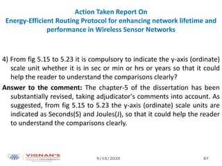 Action Taken Report On
Energy-Efficient Routing Protocol for enhancing network lifetime and
performance in Wireless Sensor Networks
4) From fig 5.15 to 5.23 it is compulsory to indicate the y-axis (ordinate)
scale unit whether it is in sec or min or hrs or years so that it could
help the reader to understand the comparisons clearly?
Answer to the comment: The chapter-5 of the dissertation has been
substantially revised, taking adjudicator's comments into account. As
suggested, from fig 5.15 to 5.23 the y-axis (ordinate) scale units are
indicated as Seconds(S) and Joules(J), so that it could help the reader
to understand the comparisons clearly.
9/10/2020 87
 