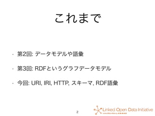 これまで
• 第2回: データモデルや語彙
• 第3回: RDFというグラフデータモデル
• 今回: URI, IRI, HTTP, スキーマ, RDF語彙
2
 