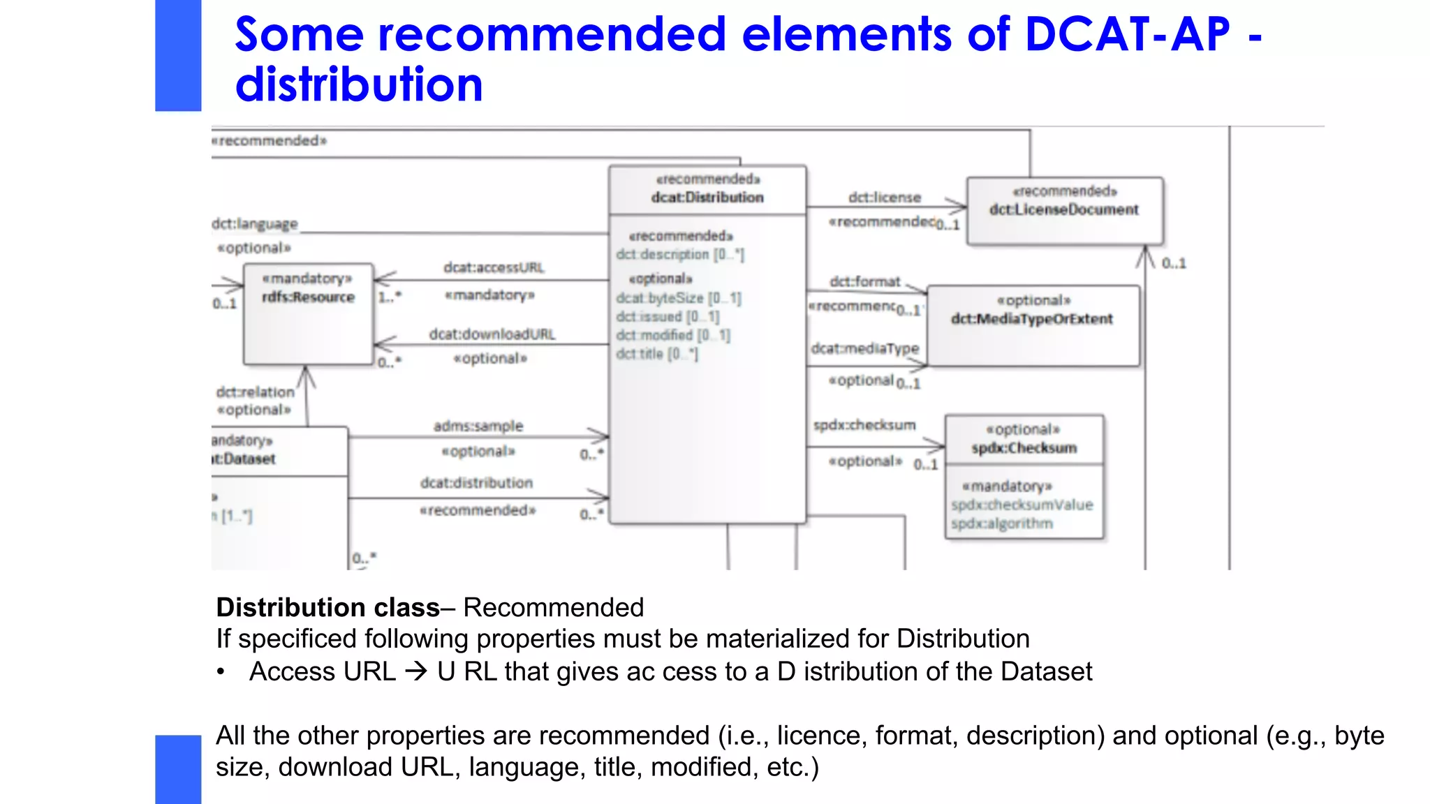 Some recommended elements of DCAT-AP -
distribution
Distribution class– Recommended
If specificed following properties must be materialized for Distribution
• Access URL à U RL that gives ac cess to a D istribution of the Dataset
All the other properties are recommended (i.e., licence, format, description) and optional (e.g., byte
size, download URL, language, title, modified, etc.)
 