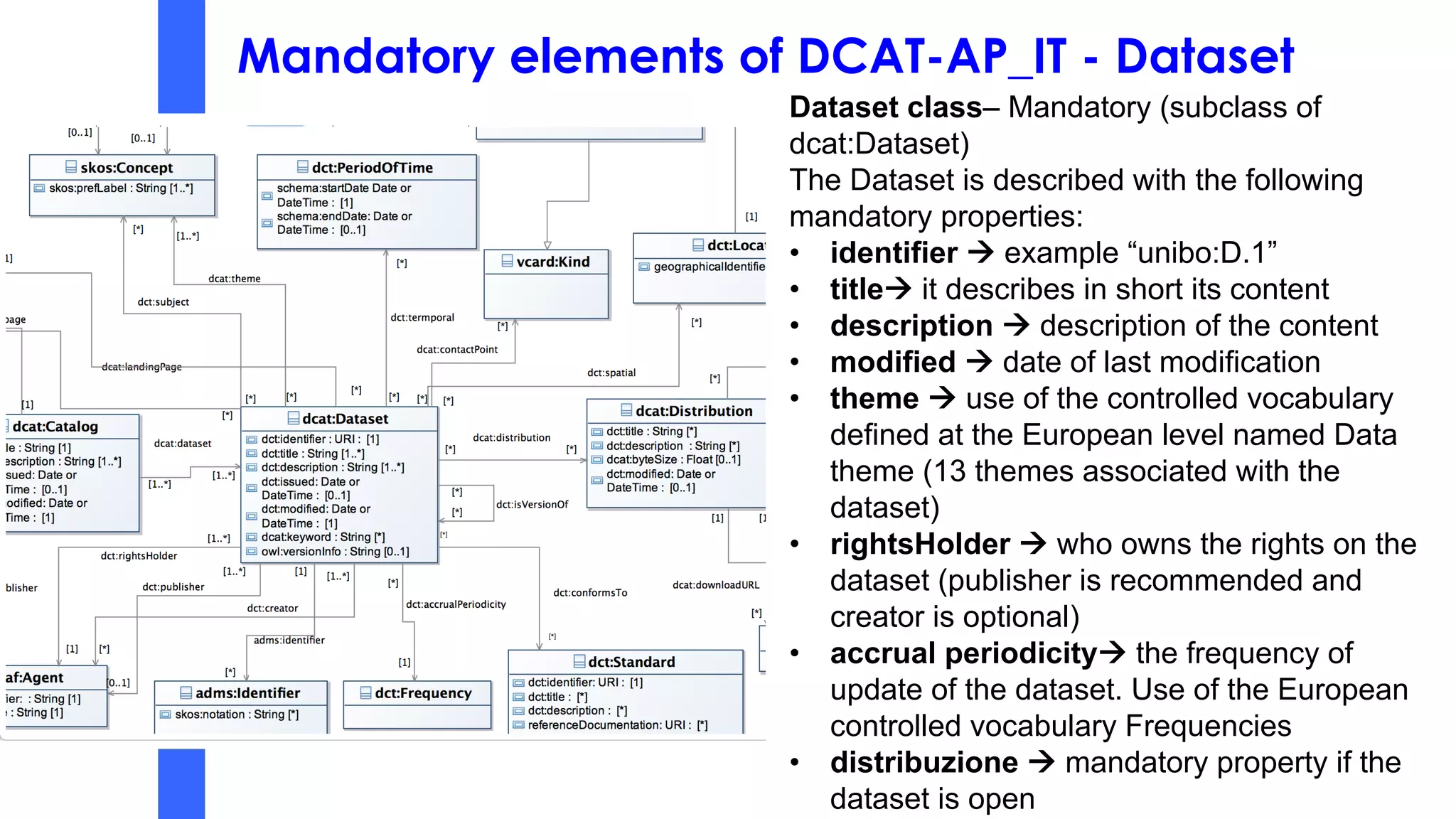 Mandatory elements of DCAT-AP_IT - Dataset
Dataset class– Mandatory (subclass of
dcat:Dataset)
The Dataset is described with the following
mandatory properties:
• identifier à example “unibo:D.1”
• titleà it describes in short its content
• description à description of the content
• modified à date of last modification
• theme à use of the controlled vocabulary
defined at the European level named Data
theme (13 themes associated with the
dataset)
• rightsHolder à who owns the rights on the
dataset (publisher is recommended and
creator is optional)
• accrual periodicityà the frequency of
update of the dataset. Use of the European
controlled vocabulary Frequencies
• distribuzione à mandatory property if the
dataset is open
 