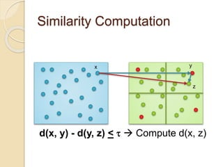 Similarity Computation
x y
z
d(x, y) - d(y, z) < t  Compute d(x, z)
 