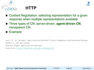Sören Auer – SBBD: DBpedia and the Emerging Web of Linked Data 5.10.2011 Page 24 http://lod2.eu
HTTP
 Content Negotiation...
