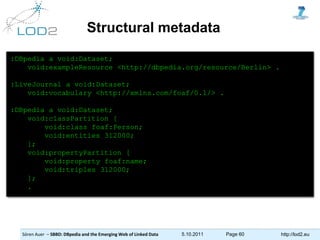 Sören Auer – SBBD: DBpedia and the Emerging Web of Linked Data 5.10.2011 Page 60 http://lod2.eu
Structural metadata
:DBped...
