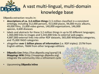 A vast multi-lingual, multi-domain
knowledge base
DBpedia extraction results in:
• descriptions of ca. 3.4 million things ...