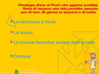 06/05/13
II A - a.s. 2012-2013
prof. Francesca Di Fenza12
Penelope disse ai Proci che appena avrebbe
finito di tessere una tela,avrebbe sposato
uno di loro. Di giorno la tesseva e di notte?
 La stracciava a morsi
 La lavava
 La scuciva facendosi aiutare dalle ancelle
 Dormiva
 