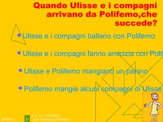 06/05/13
II A - a.s. 2012-2013
prof. Francesca Di Fenza21
Quando Ulisse e i compagni
arrivano da Polifemo,che
succede?
 Polifemo mangia alcuni compagni di Ulisse
 Ulisse e i compagni ballano con Polifemo
 Ulisse e i compagni fanno amicizia con Polif
 Ulisse e Polifemo mangiano un panino
 