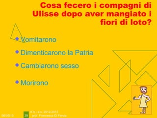 06/05/13
II A - a.s. 2012-2013
prof. Francesca Di Fenza39
Cosa fecero i compagni di
Ulisse dopo aver mangiato i
fiori di loto?
 Cambiarono sesso
 Dimenticarono la Patria
 Vomitarono
 Morirono
 