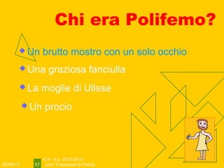 06/05/13
II A - a.s. 2012-2013
prof. Francesca Di Fenza57
Chi era Polifemo?
 Un brutto mostro con un solo occhio
 Una graziosa fanciulla
 La moglie di Ulisse
 Un procio
 