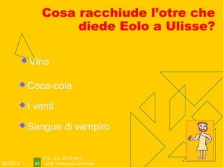 06/05/13
II A - a.s. 2012-2013
prof. Francesca Di Fenza63
Cosa racchiude l’otre che
diede Eolo a Ulisse?
 Vino
 Coca-cola
 I venti
 Sangue di vampiro
 