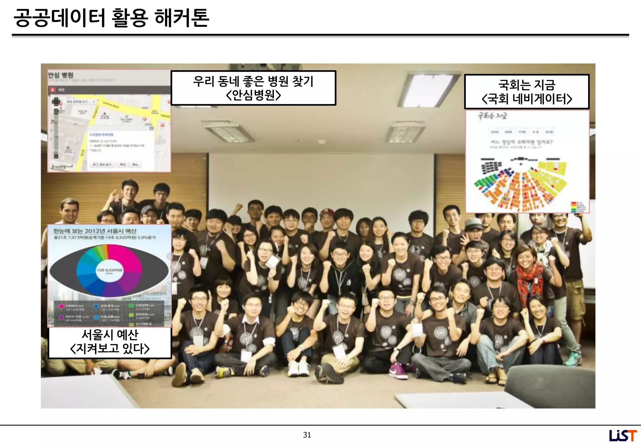 31
공공데이터 활용 해커톤
우리 동네 좋은 병원 찾기
<안심병원>
국회는 지금
<국회 네비게이터>
서울시 예산
<지켜보고 있다>
 