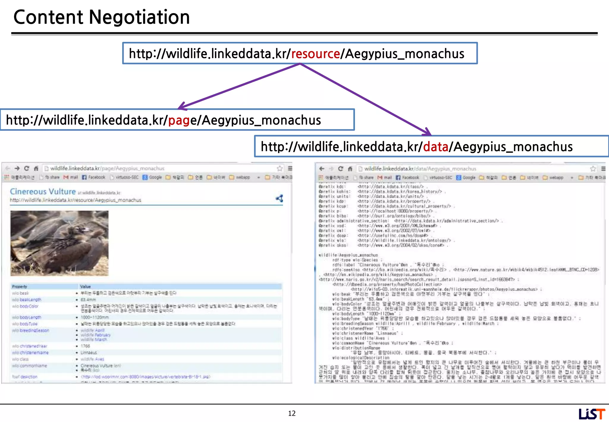 12
Content Negotiation
http://wildlife.linkeddata.kr/resource/Aegypius_monachus
http://wildlife.linkeddata.kr/page/Aegypius_monachus
http://wildlife.linkeddata.kr/data/Aegypius_monachus
 