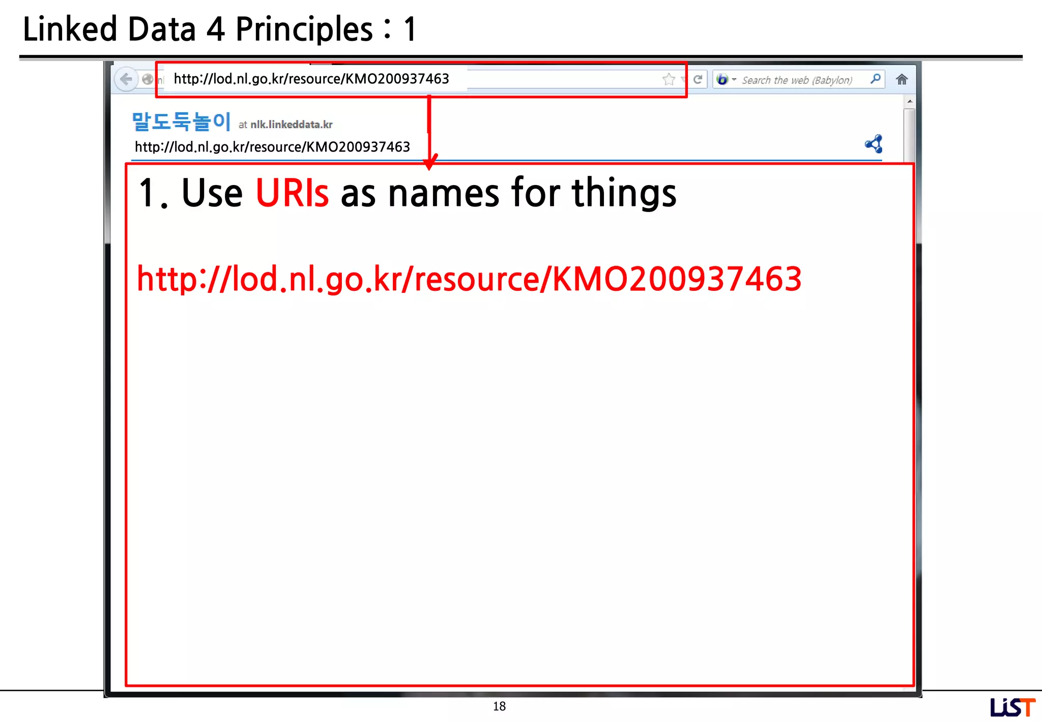 18
Linked Data 4 Principles : 1
1. Use URIs as names for things
http://lod.nl.go.kr/resource/KMO200937463
http://lod.nl.go.kr/resource/KMO200937463
http://lod.nl.go.kr/resource/KMO200937463
 